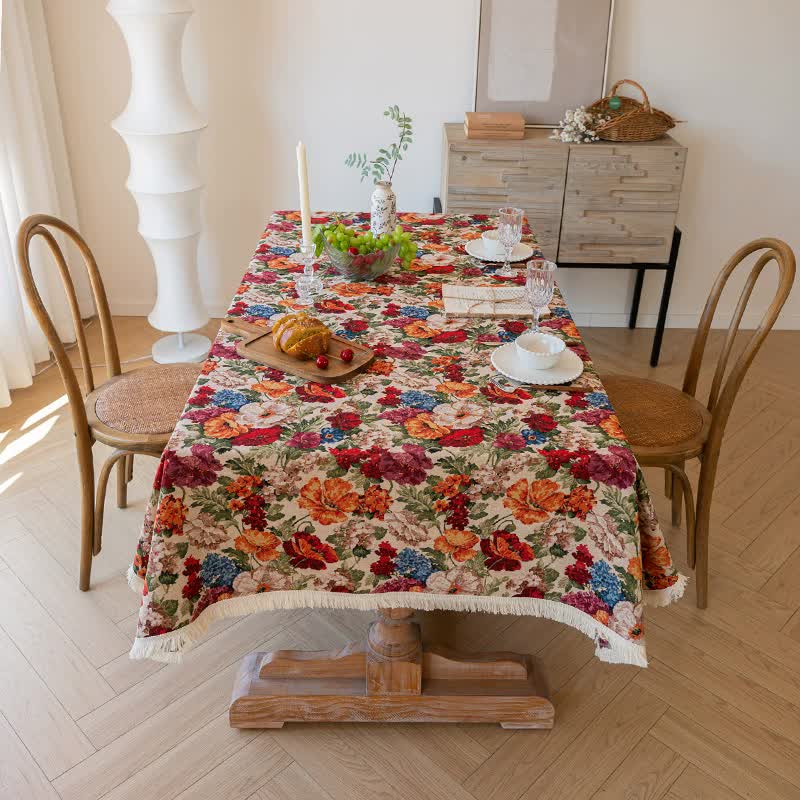Floral Cotton Linen Tablecloth | Vintage Style Country Garden Design, 120*120cm