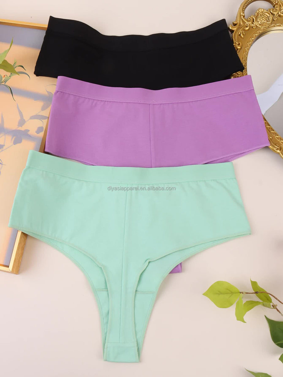 3 pcsï¼ˆMINT green+Black+Violetï¼‰ High-Waisted Solid Color Cotton Comfort Plus Size Tummy Control Thong Panties for Wom