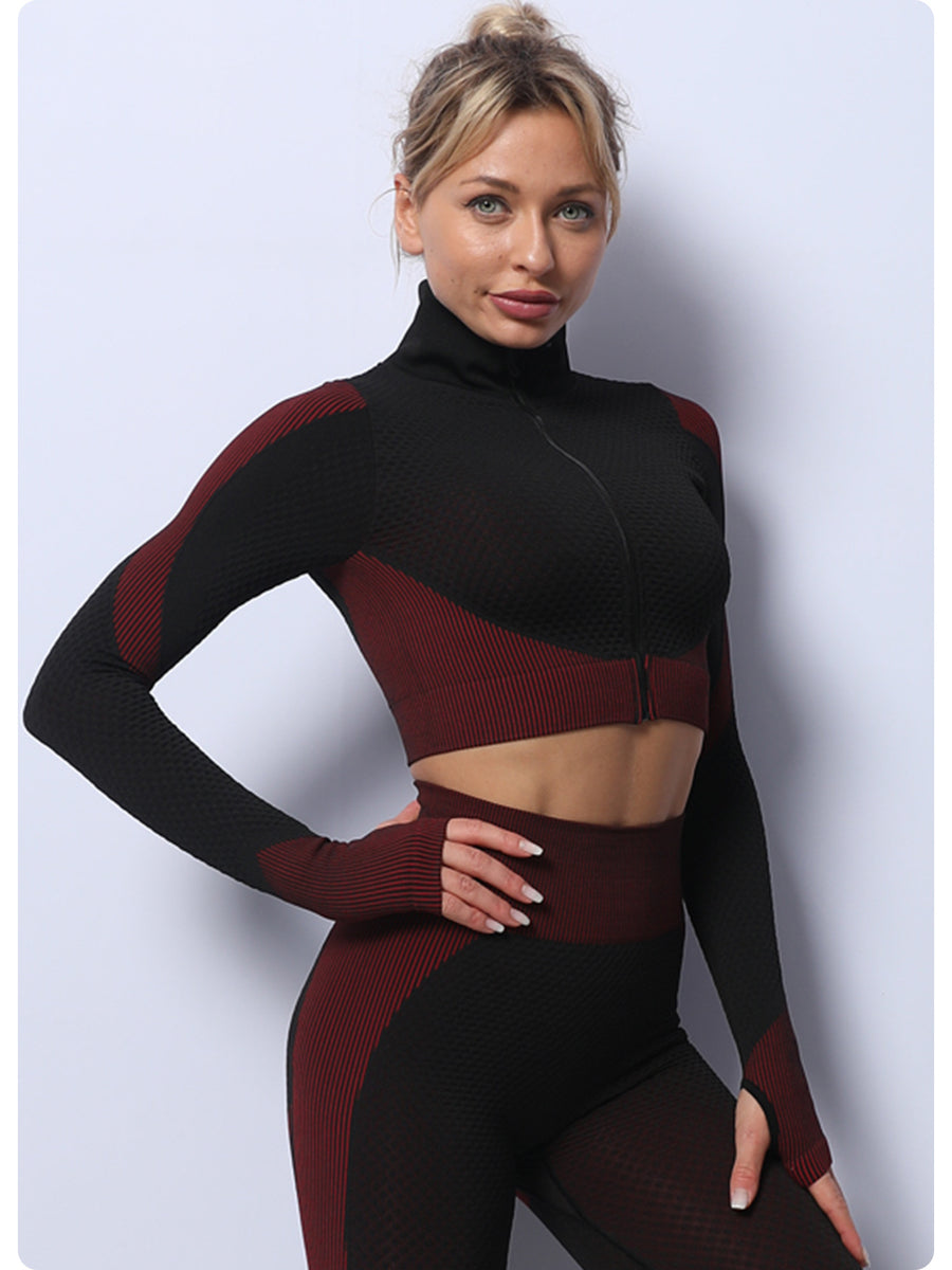 Black+Red High Waist Yoga Set for Women - Sports Bra, Long Sleeve Shirt & Leggings 3-Piece Workout Set Size M
