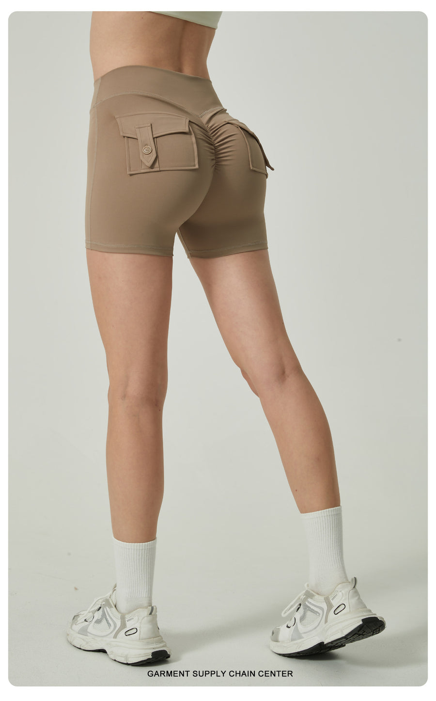 Khaki High-Waisted Yoga Shorts with Pockets for Women - Butt-Lifting, Breathable, and Comfortable Activewear L