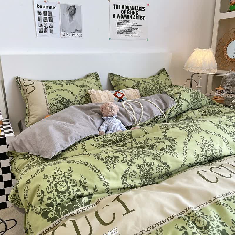 Green Floral 4-Piece Bedding Set - Soft and Lovely Bed Sheets (Quilt 200x230cm, Flat Sheet 230x230cm, Pillowcase 48x47cm