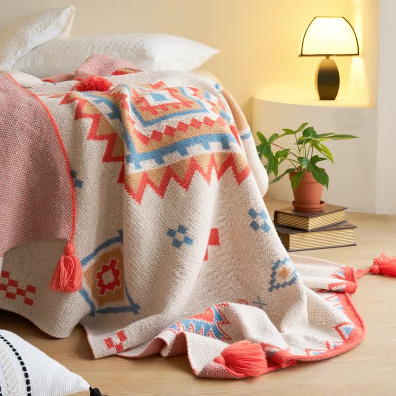 Orange Bohemian Geometric Tassel Throw Blanket â€“ Soft Cotton Blend for Bedroom, Living Room, and Sofa 110x130cm