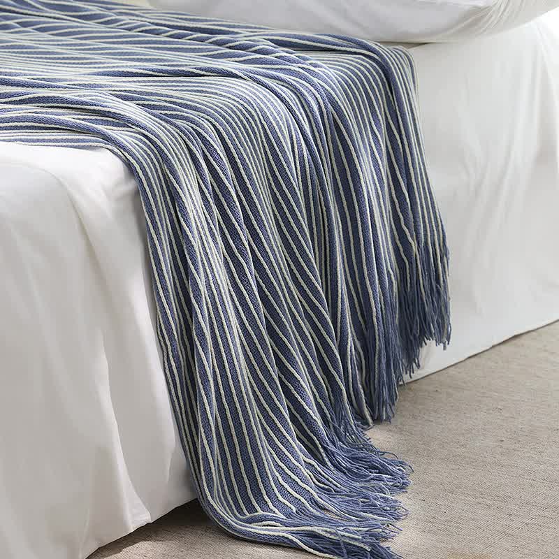 Blue Cozy Knit Throw Blanket with Fringe â€“ Stylish Striped  Bed End Cover, 127x170cm