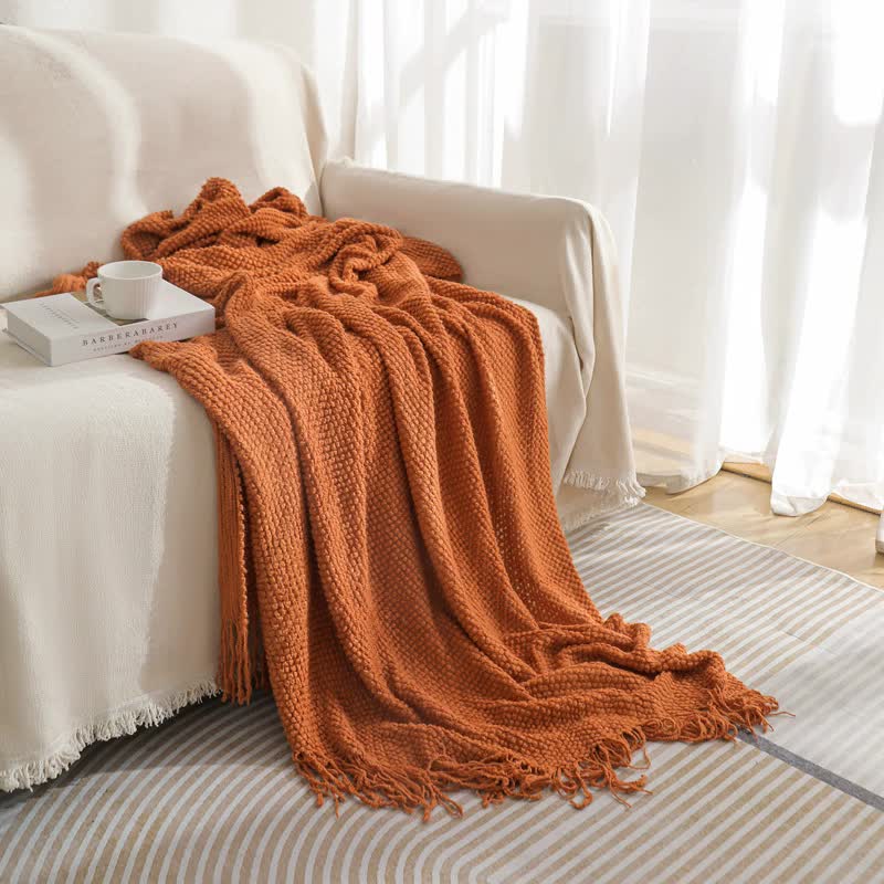 Orange Premium Woven Knitted Throw Blanket with Tassels | Soft, Cozy Sofa & Bed Blanket, Perfect for Office or Afternoon