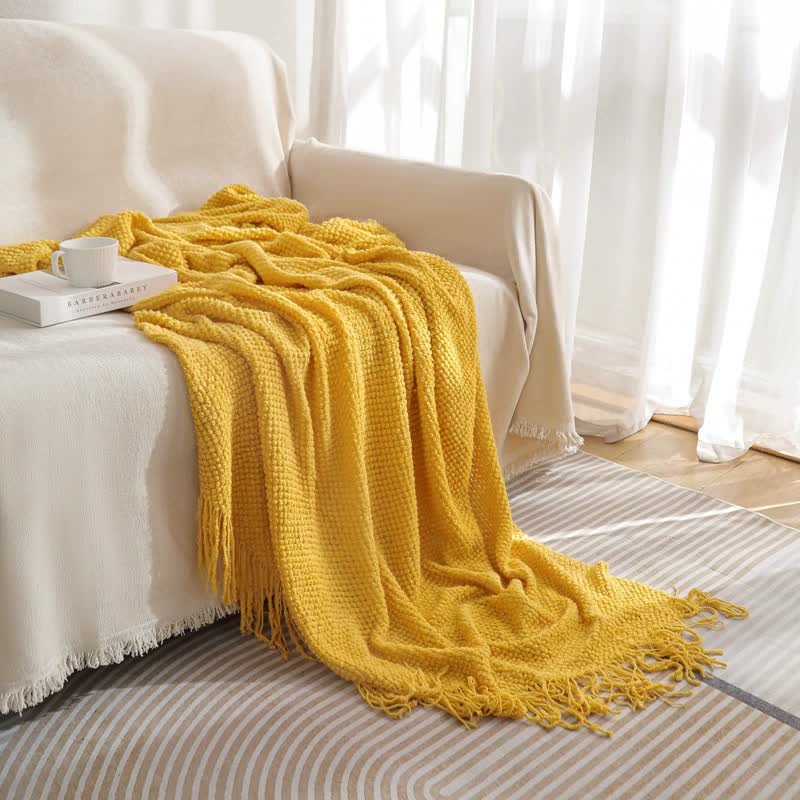 Yellow Premium Woven Knitted Throw Blanket with Tassels | Soft, Cozy Sofa & Bed Blanket, Perfect for Office or Afternoon