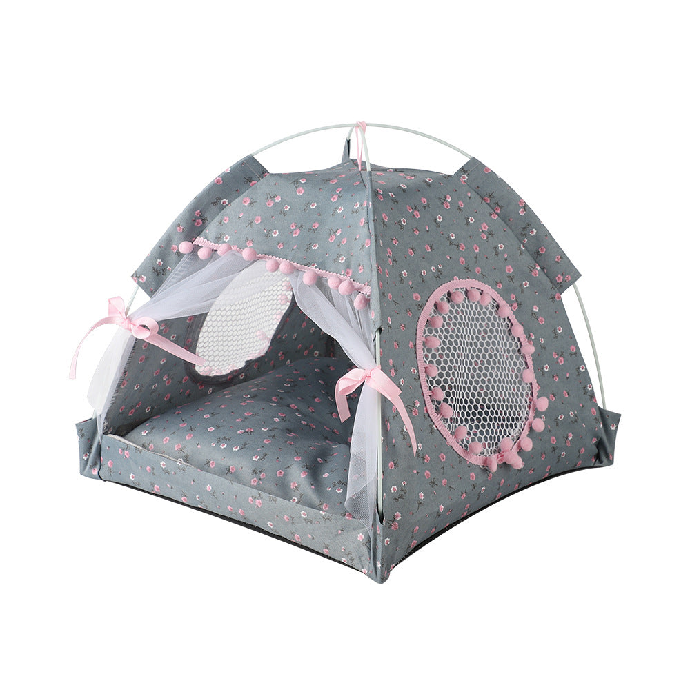 Gray floral Portable Folding Pet Tent - Summer Cat & Dog Shelter with Mesh Window, Lightweight and Breathable, Ideal for