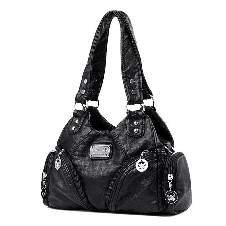 Black Vintage Soft Leather Biker Bag - Shoulder Crossbody Handbag