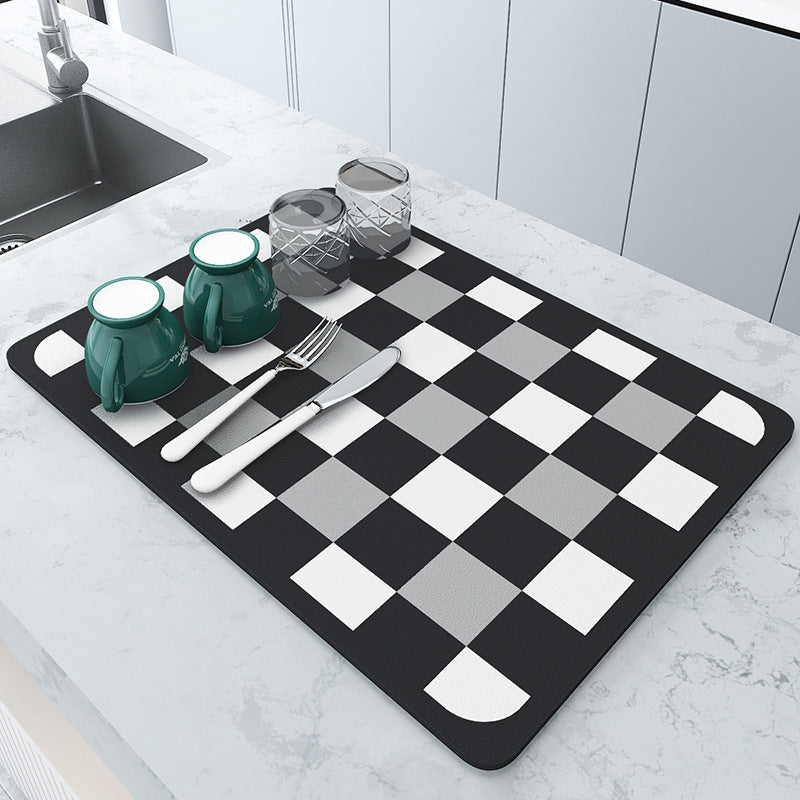 Black and white grids Kitchen Drying Mat - Super Absorbent Dish & Cup Drainer Pad 50x60cm