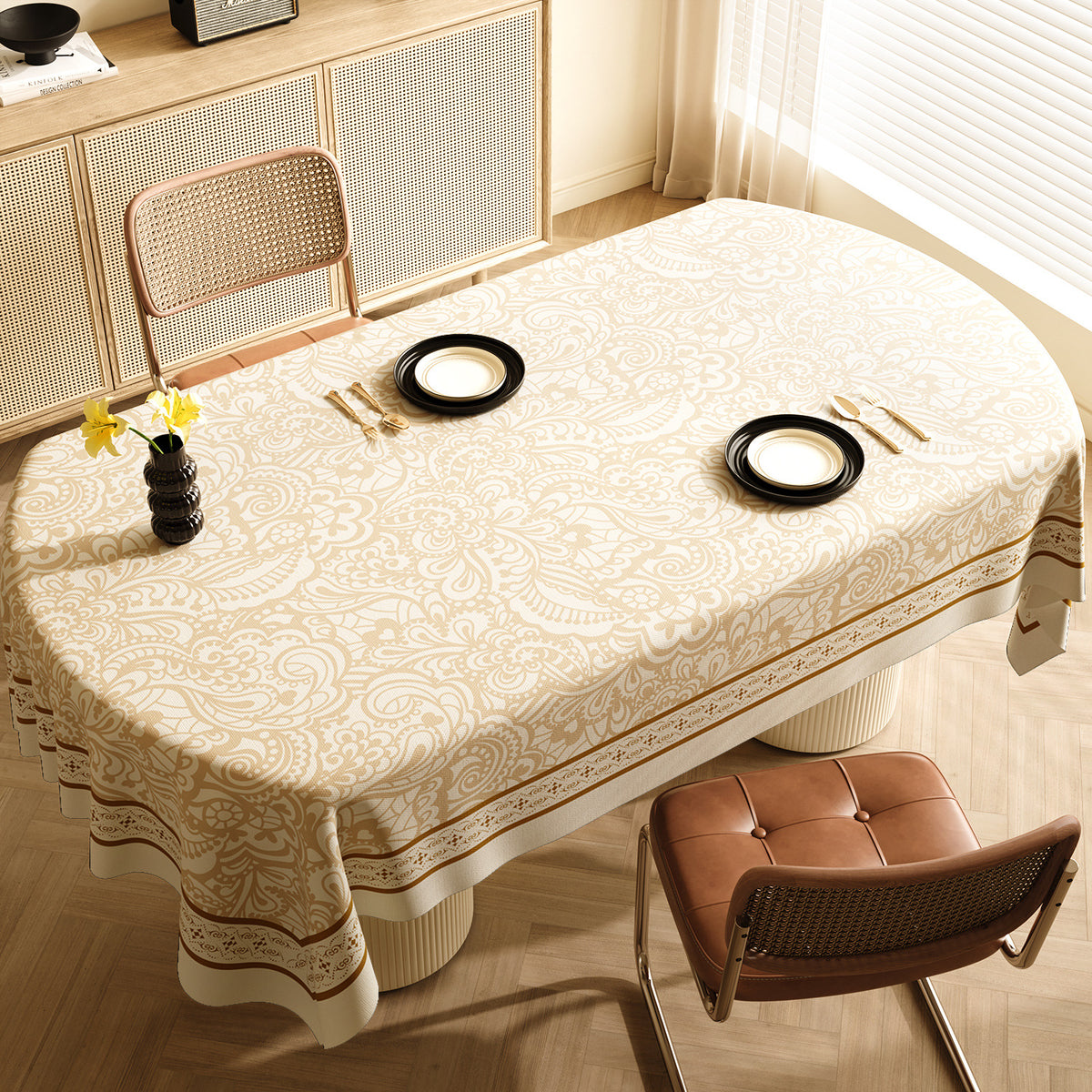 Style C Brown And Beige Premium PVC Tablecloth - Oil & Water Resistant Table Cover for Dining Tables (120 x 180 cm)