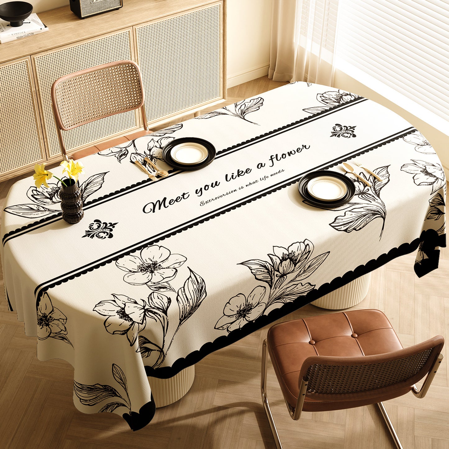Style D Black And Off White Premium PVC Tablecloth - Oil & Water Resistant Table Cover for Dining Tables (120 x 180 cm)