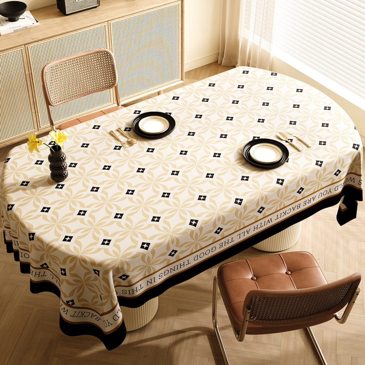 Style E Black And Beige Premium PVC Tablecloth - Oil & Water Resistant Table Cover for Dining Tables (120 x 180 cm)
