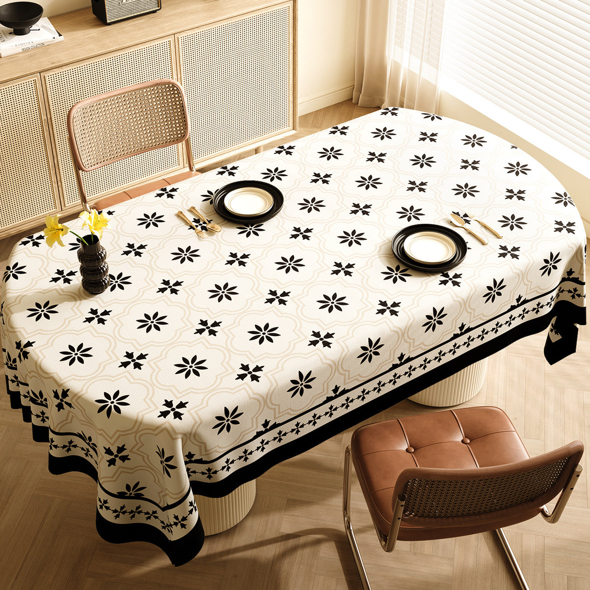 Style F Black And Beige Premium PVC Tablecloth - Oil & Water Resistant Table Cover for Dining Tables (120 x 180 cm)