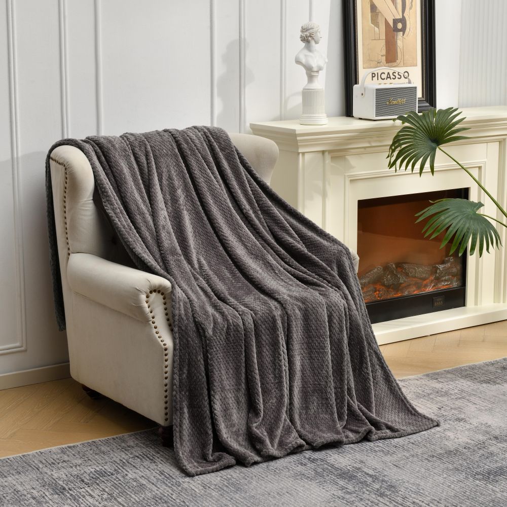 Dark Grey Soft Flannel Jacquard Throw Blanket - Cozy Sofa & Bed Cover, Air Conditioning Blanket, 50 x 60 Inches, Elegant
