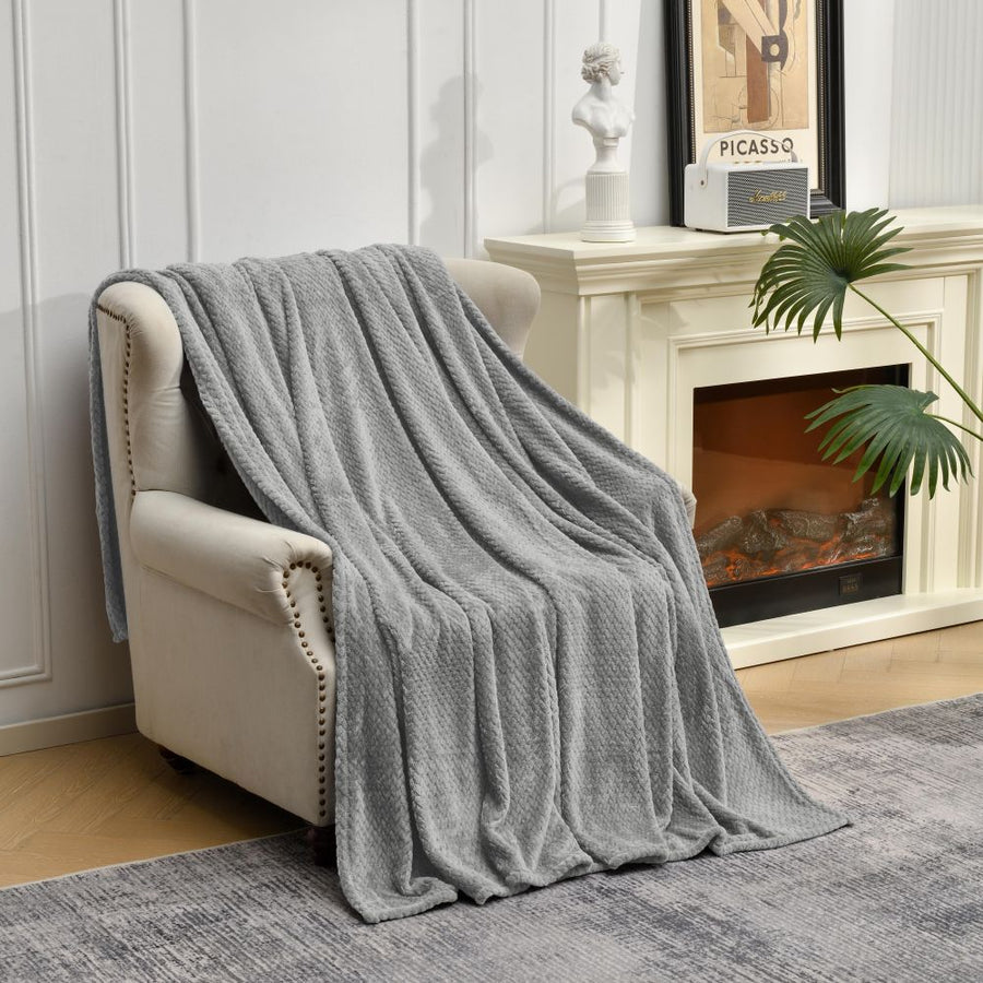 Grey Soft Flannel Jacquard Throw Blanket - Cozy Sofa & Bed Cover, Air Conditioning Blanket, 50 x 60 Inches, Elegant Soli