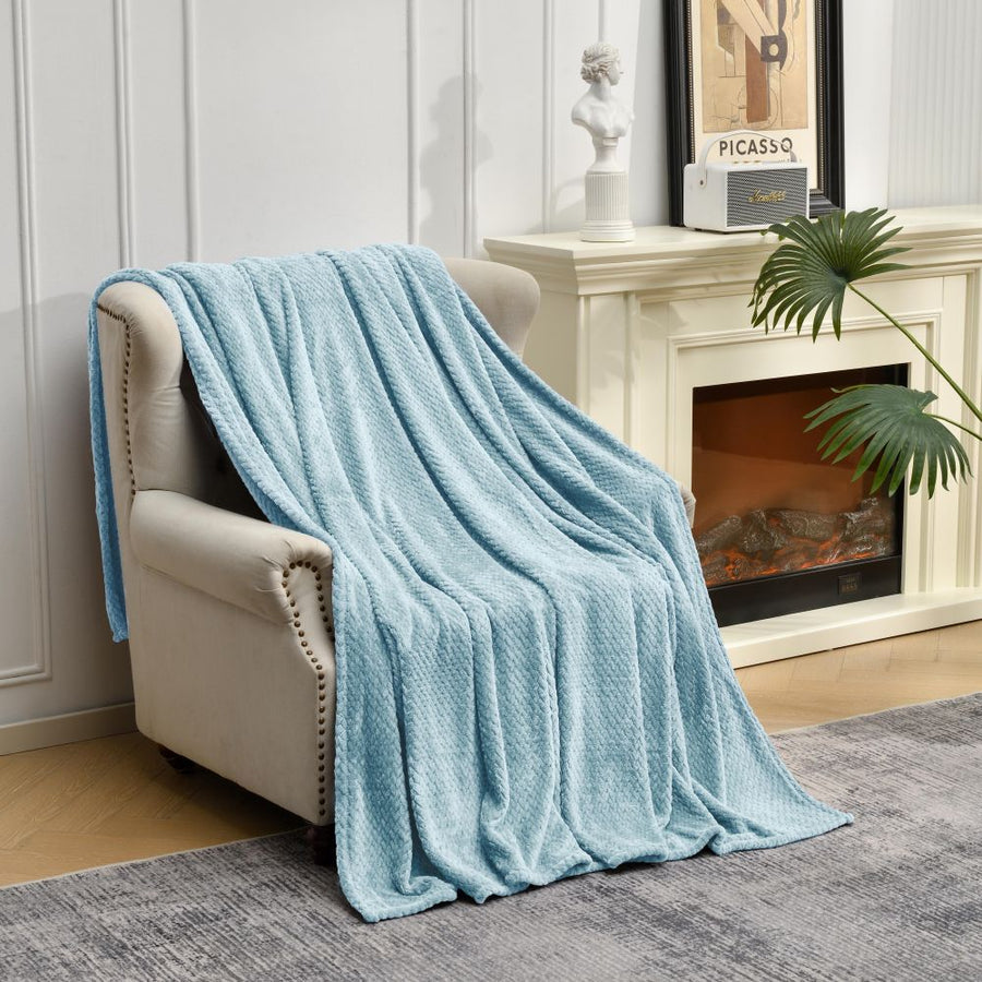 Blue Soft Flannel Jacquard Throw Blanket - Cozy Sofa & Bed Cover, Air Conditioning Blanket, 50 x 60 Inches, Elegant Soli