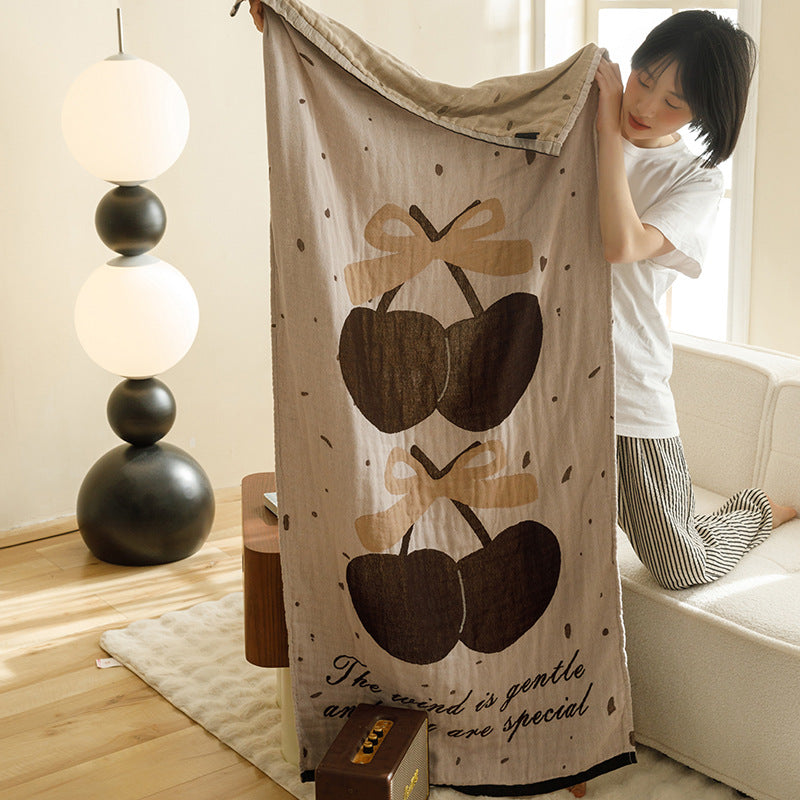 Brown Cherry Pattern Soft and Absorbent 4-Layer Cotton Bath Towel for Adults and Children | Cartoon Design | 80*160 cm |