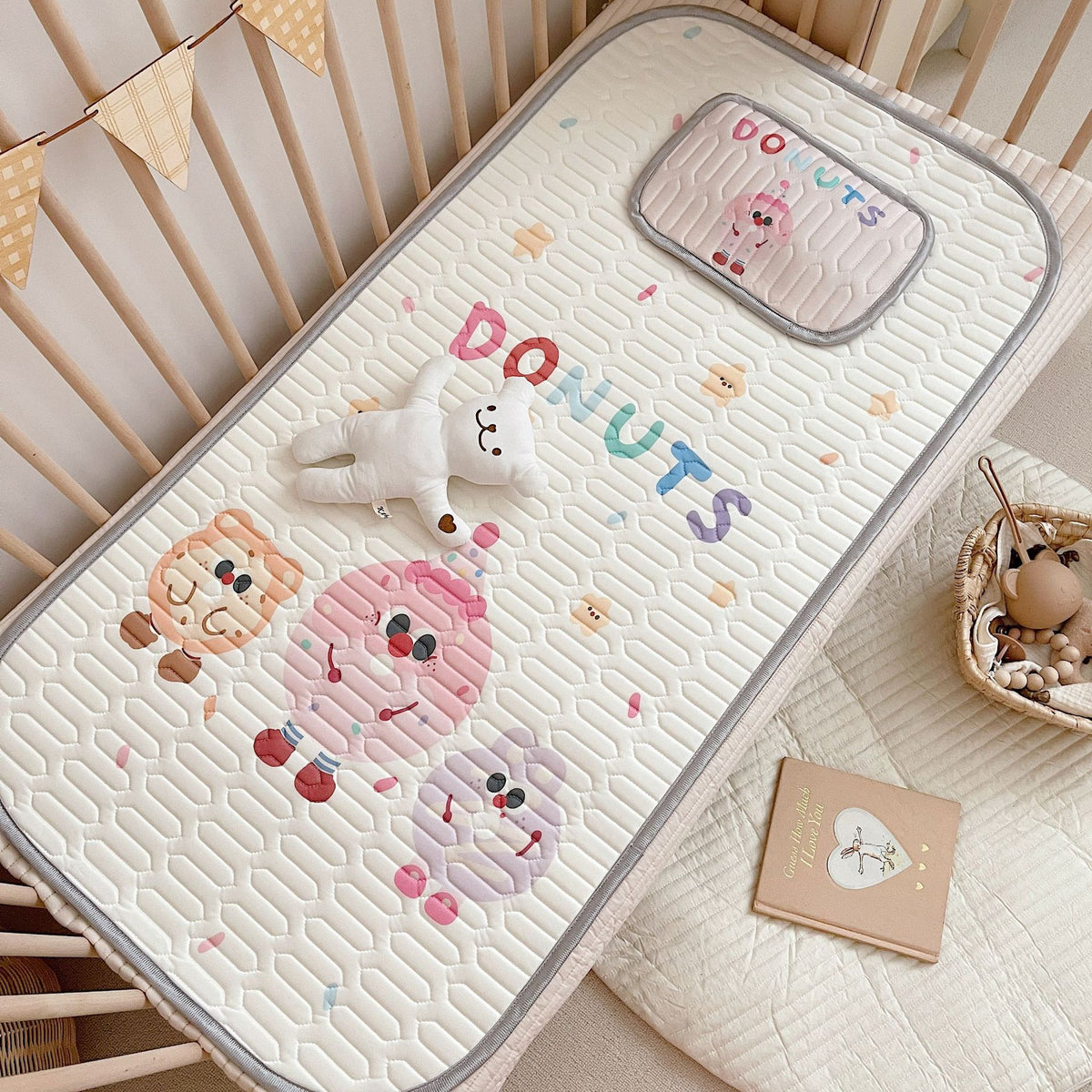 Donuts Pattern 2 Piece Set Kids Cooling Pad Set - 60x120cm Cartoon Latex Mattress Protector,  Pillow 