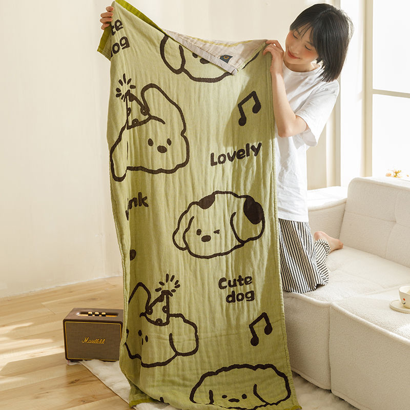 Green Cute Dog Pattern Soft and Absorbent 4-Layer Cotton Bath Towel for Adults and Children | Cartoon Design | 80*160 cm