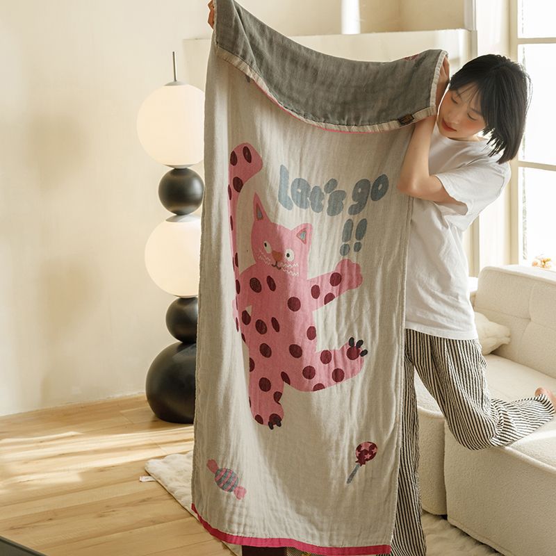 Pink Cat Pattern Soft and Absorbent 4-Layer Cotton Bath Towel for Adults and Children | Cartoon Design | 80*160 cm | Per