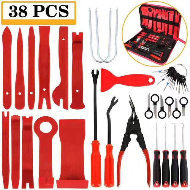 Red 38PCS Car Interior Trim Removal Tool Kit - Durable PP Material for Car Audio, Dashboard, Door Panel, and Modificatio
