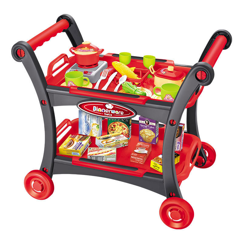 Red Children's Pretend Play Kitchen Cart Set with Toys - Roleplay Cooking Set with Accessories - Educational Toy for Kid