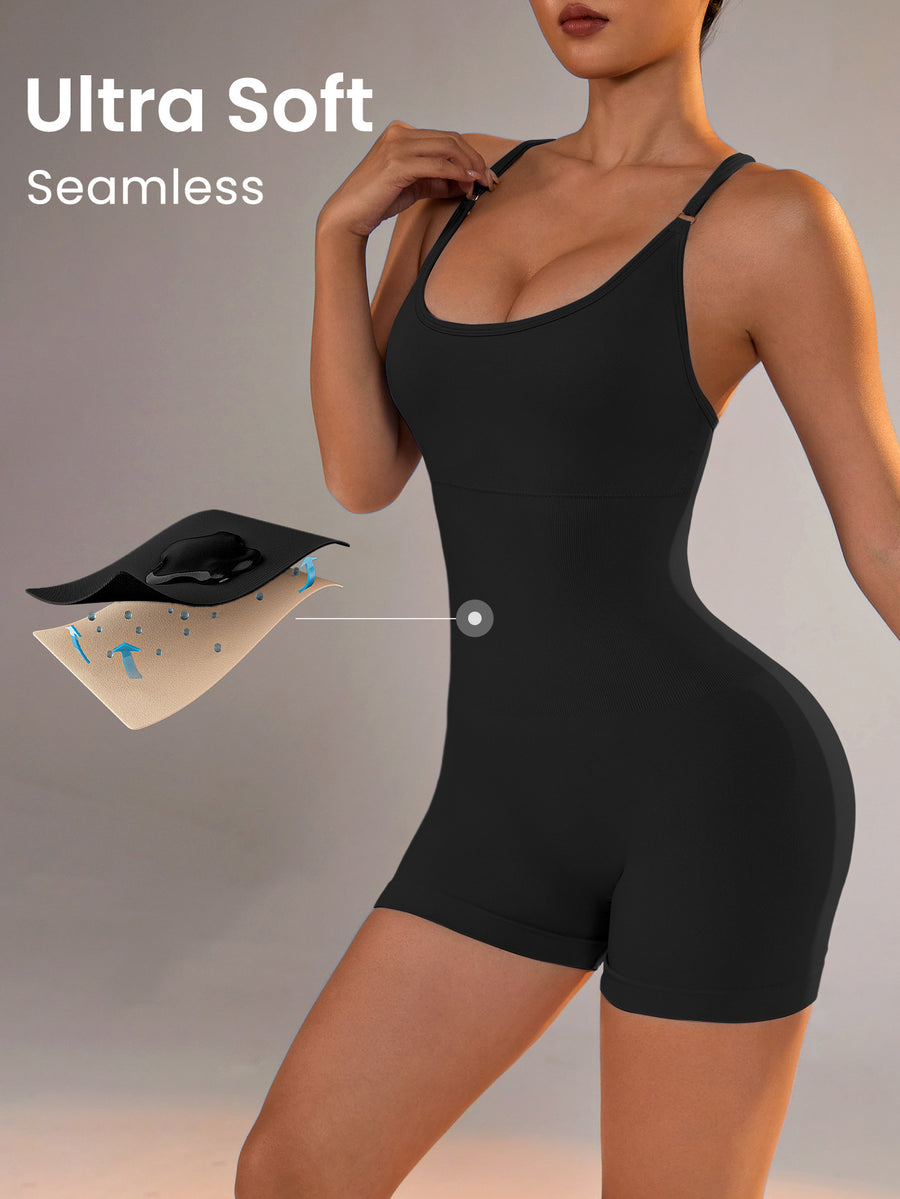 Size M Black Nylon Seamless Yoga Bodysuit - Women's Athletic Romper, Crisscross Back, Workout Jumpsuit