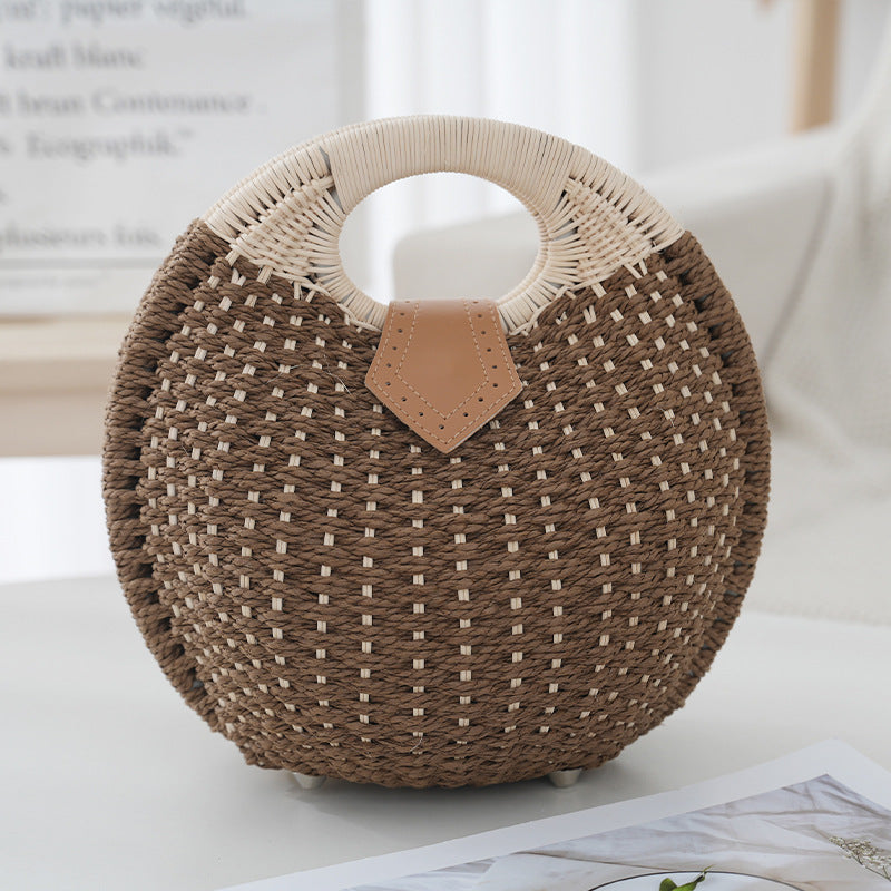 Brown Boho Circle Straw Bag - Stylish Woven Tote with Round Handles