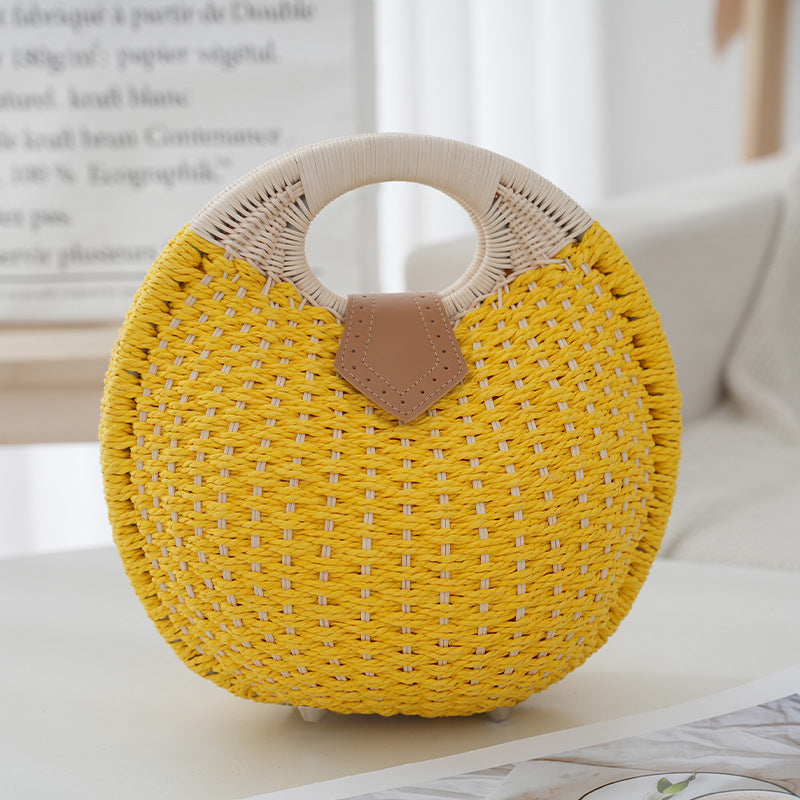 Yellow Boho Circle Straw Bag - Stylish Woven Tote with Round Handles