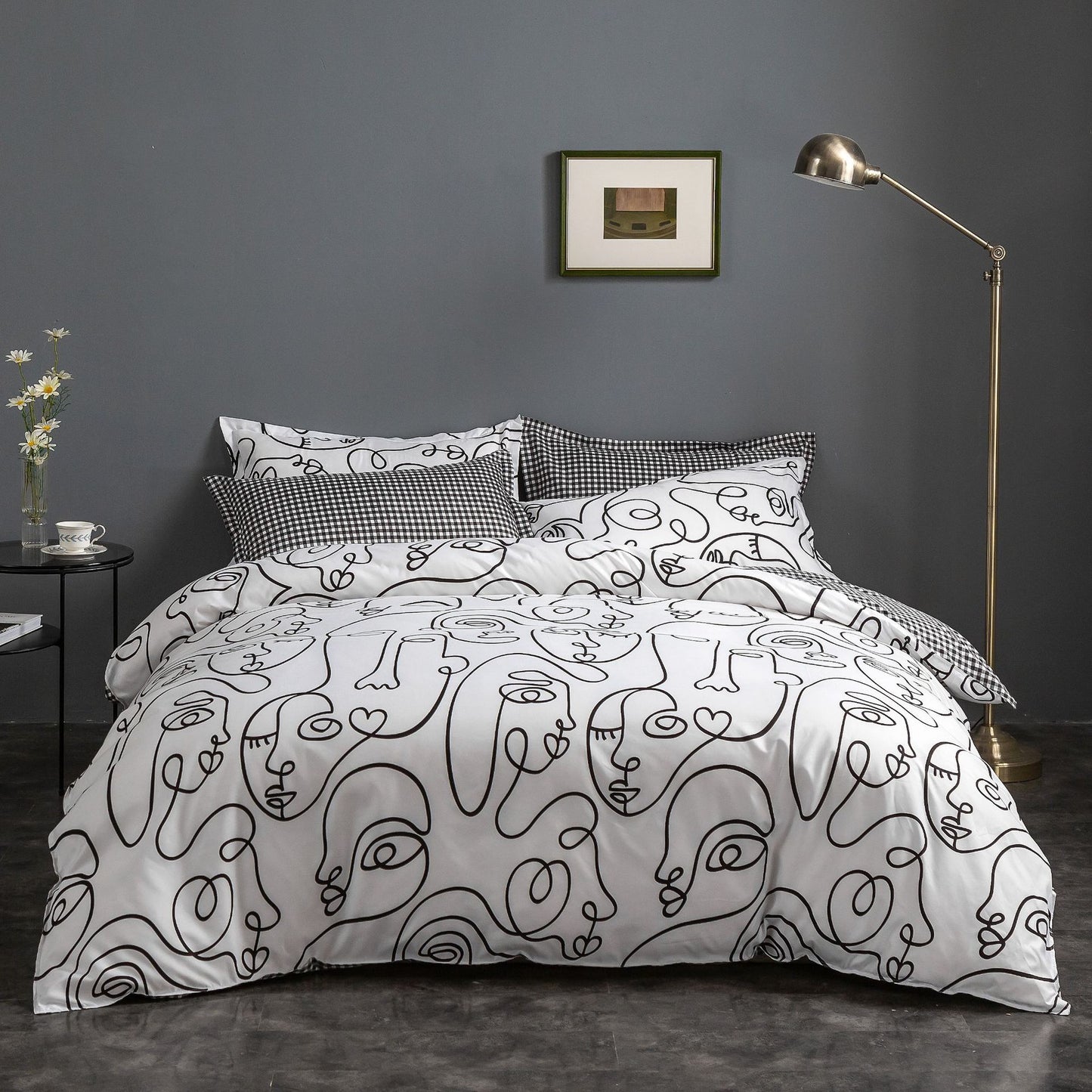 Face Line Graffiti Pattern 3-Piece Polyester Duvet Cover Set with 2 Pcs Pillowcases - Elegant Bedding, Machine Washable,
