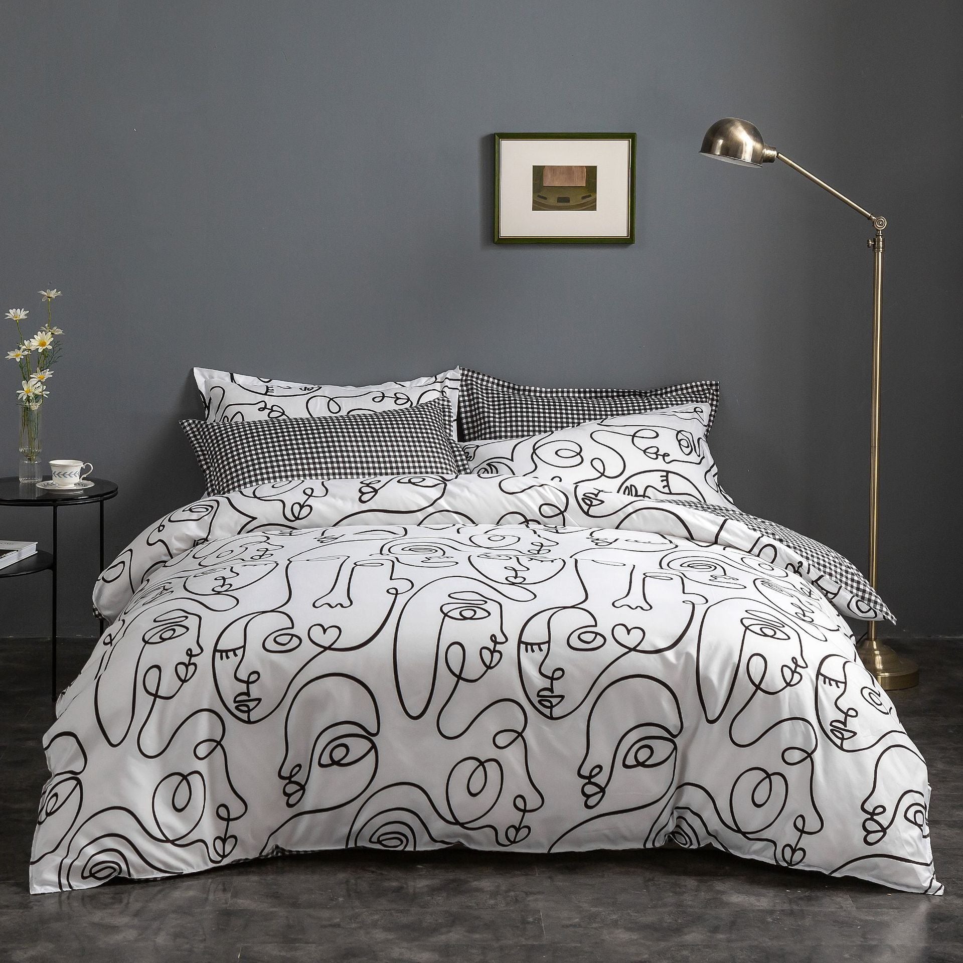 Face Line Graffiti Pattern 3-Piece Polyester Duvet Cover Set with 2 Pcs Pillowcases - Elegant Bedding, Machine Washable,