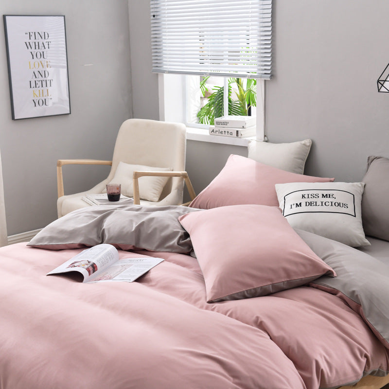 Gray And Pink Stitching Ultra-Soft Solid Color 4-Piece Bedding Set - Queen Size(Suitable for 2m bed)