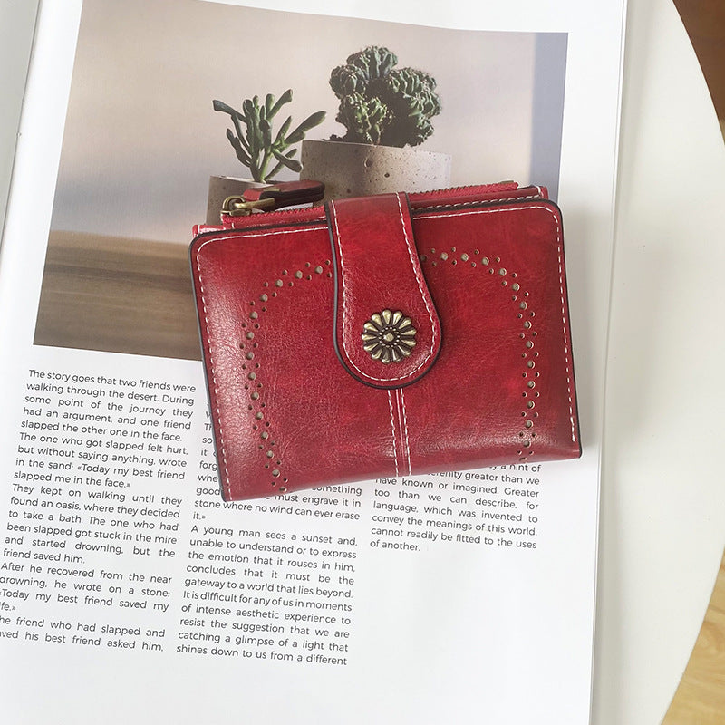 Red Vintage PU Leather Women's Short Wallet - Elegant Zipper Coin Pocket Multi-Function Card Holder