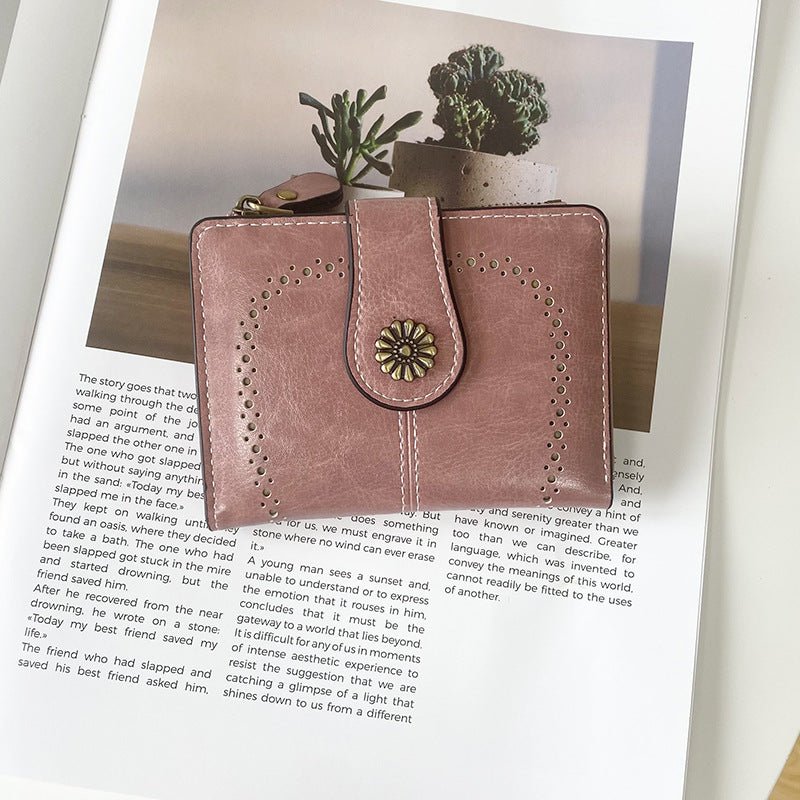 Pink Vintage PU Leather Women's Short Wallet - Elegant Zipper Coin Pocket Multi-Function Card Holder