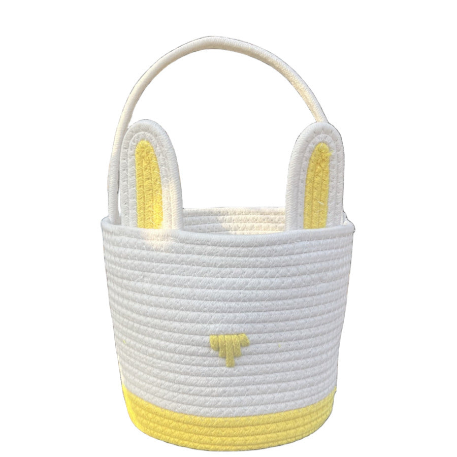 Yellow And White Stitching Charming Easter Egg Tote Basket - Cute Rabbit-Themed Handwoven Cotton Rope Candy Holder