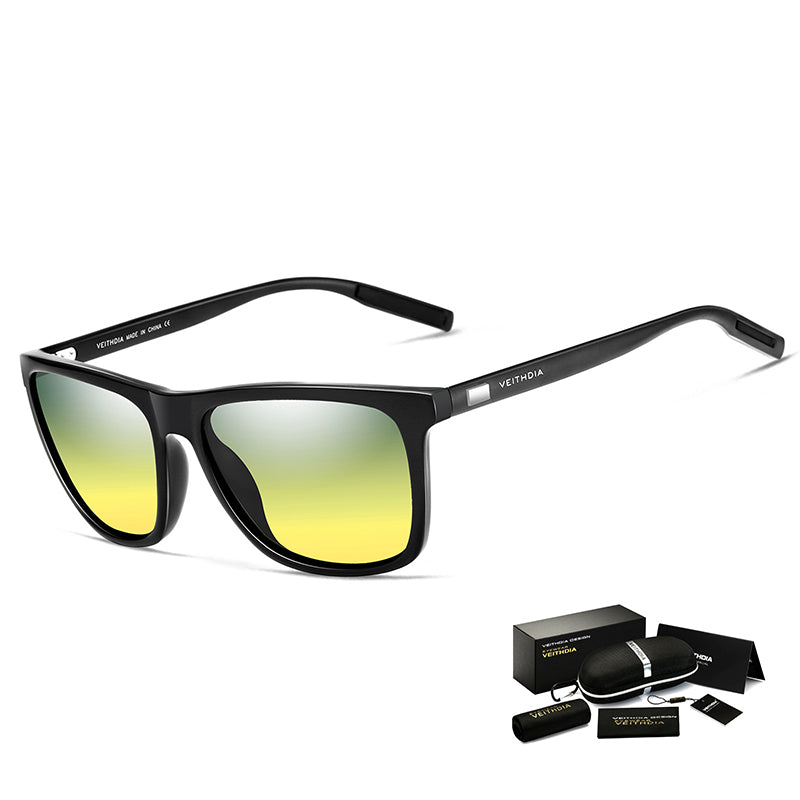 Black Frame + Black Temples + Yellow Lenses Unisex Aluminum-Magnesium Square Polarized Sunglasses - Stylish UV-Protectiv