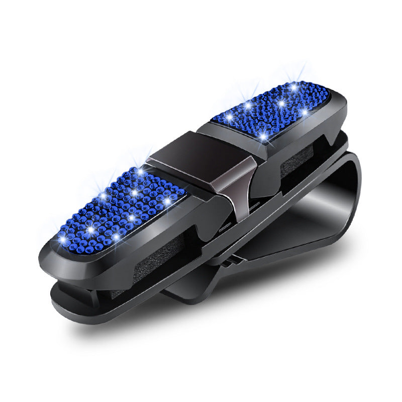6 Pcs Blue Luxury Rhinestone Car Sun Visor Glasses Clip - Multi-Functional, 180° Rotatable, ABS Material