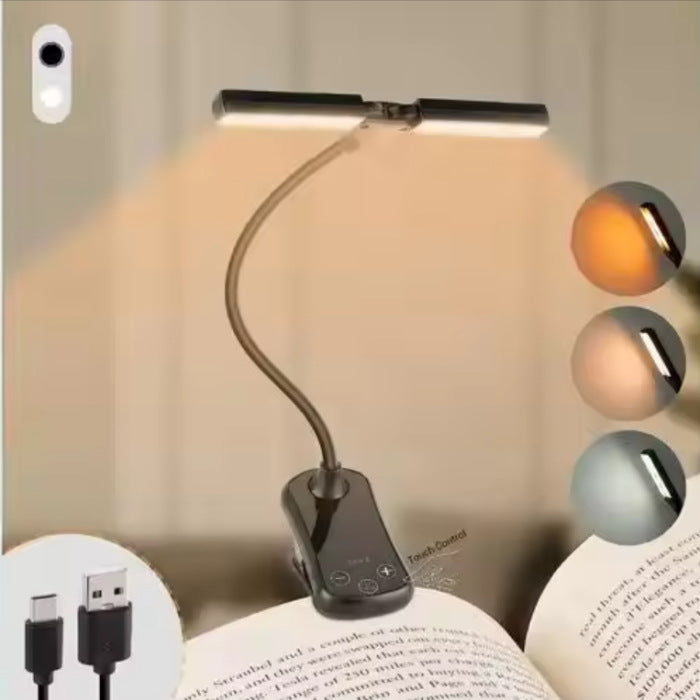 Black Rechargeable Dual-Head Clip-On Book Light - Touch Control Reading Lamp with Eye Protection