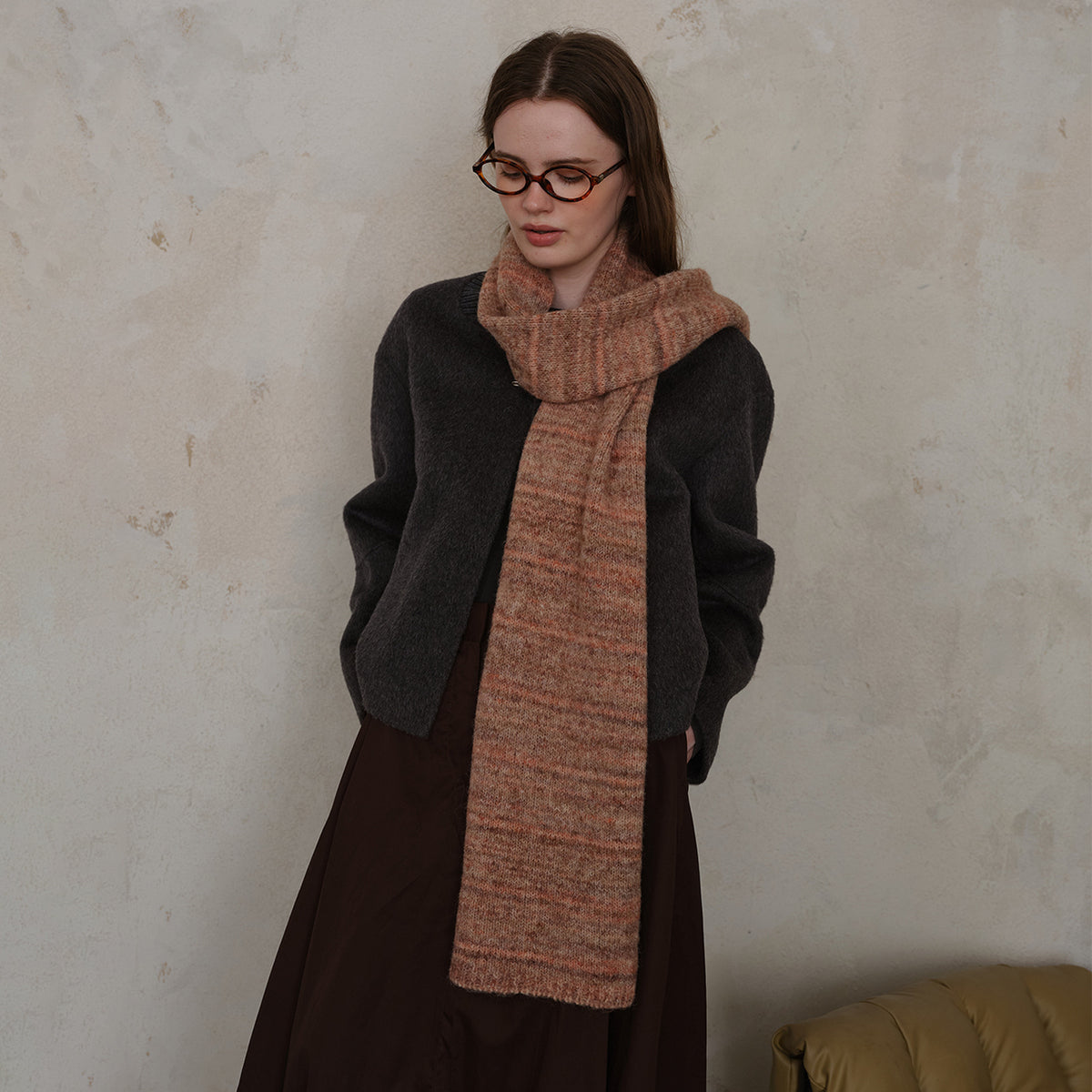 Khaki Vintage Wool-Blend Knit Scarf - Warm and Stylish for Men and Women