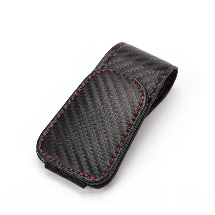 2 Pcs Black Carbon Fiber Pattern PU Leather Car Visor Sunglasses Holder - Multi-Functional Clip for Glasses, Cards & Tickets, 9.5x4.5cm