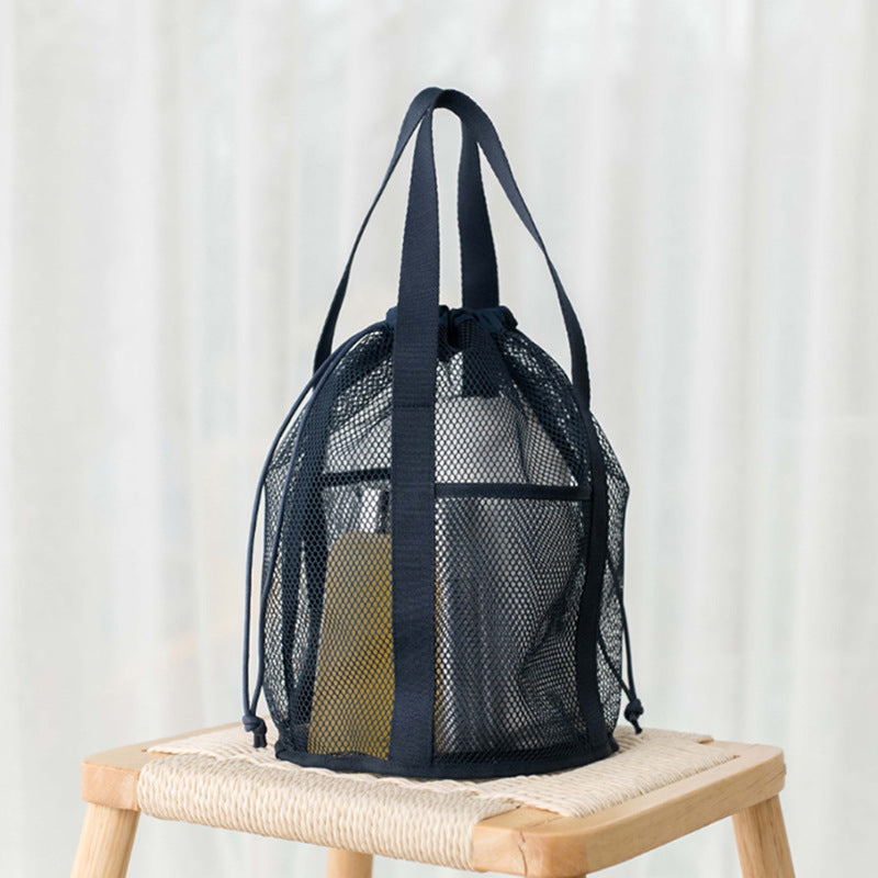 Navy Blue Lightweight Mesh Drawstring Beach Bag - Portable Travel Organizer for Toiletries and Essentials