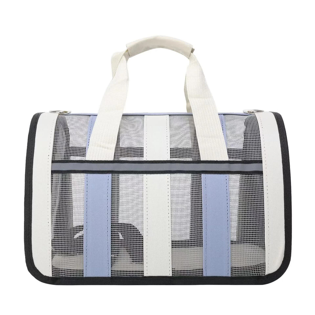 Size M Blue And White Foldable Pet Carrier Bag - Lightweight, Breathable, and Spacious for All Seasons
