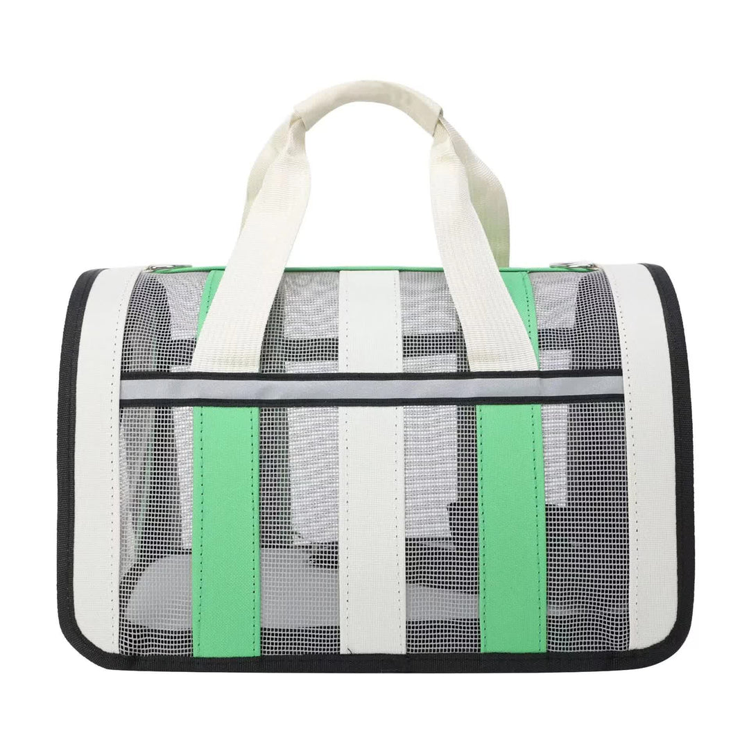 Size M Green And White Foldable Pet Carrier Bag - Lightweight, Breathable, and Spacious for All Seasons