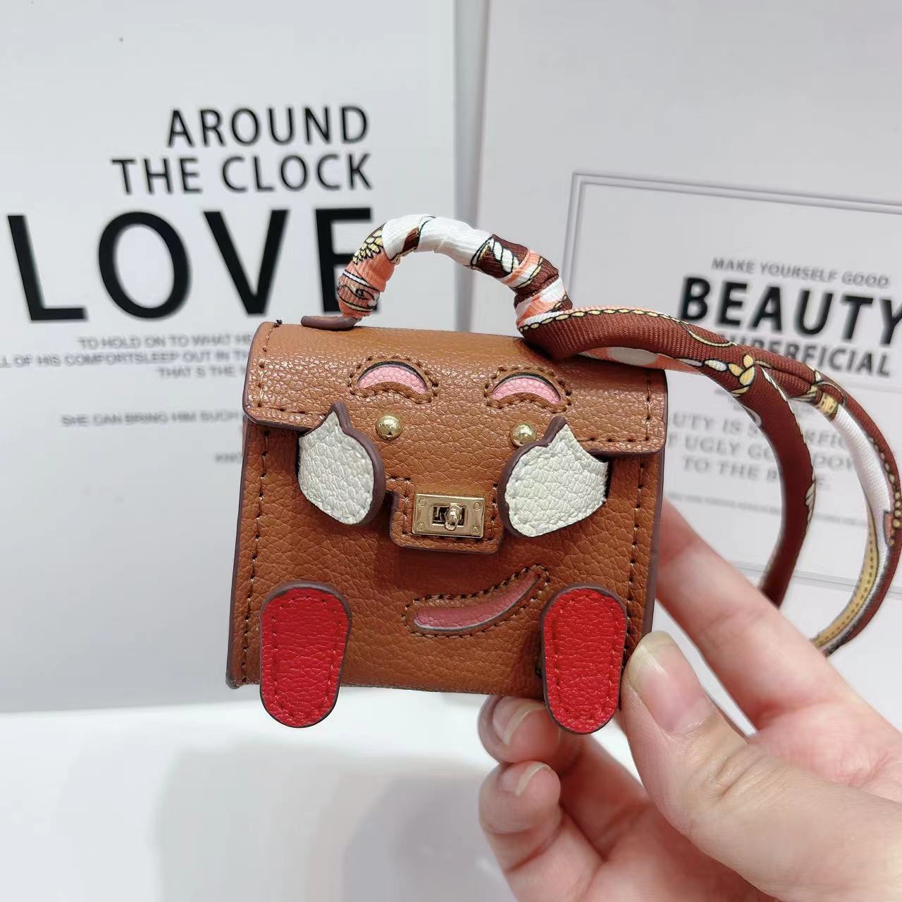 Brown Mini Bag Earphone Case - Stylish Keychain Pouch for Headphones