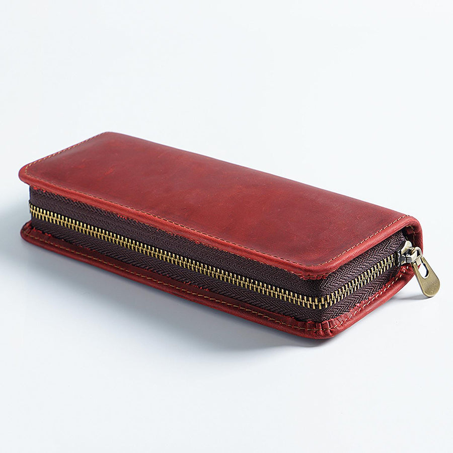 Wine Red Genuine Leather Pencil Case - Vintage Zip-Up Pen Holder with Elastic Loops