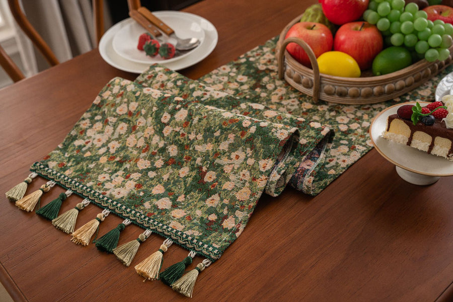 Floral Table Runner with Tassels - Jacquard Green Farmhouse Style (33x180cm)