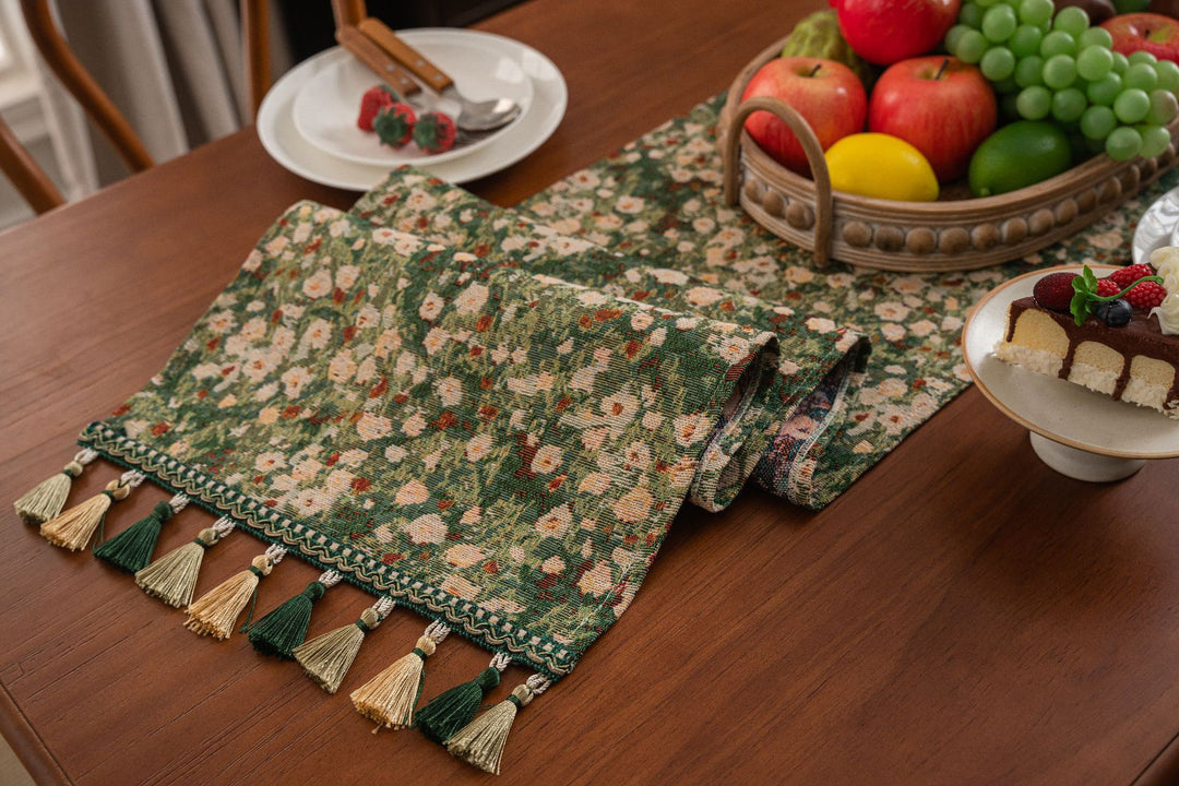 Floral Table Runner with Tassels - Jacquard Green Farmhouse Style (33x400cm)