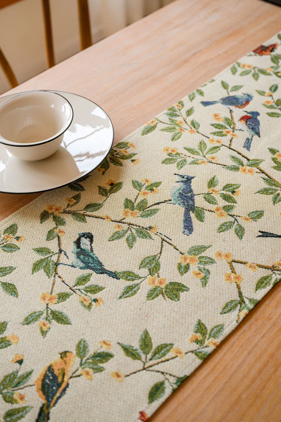 Birds & Branch Table Runner - Jacquard Woven Beige with Tassels(33X200CM)