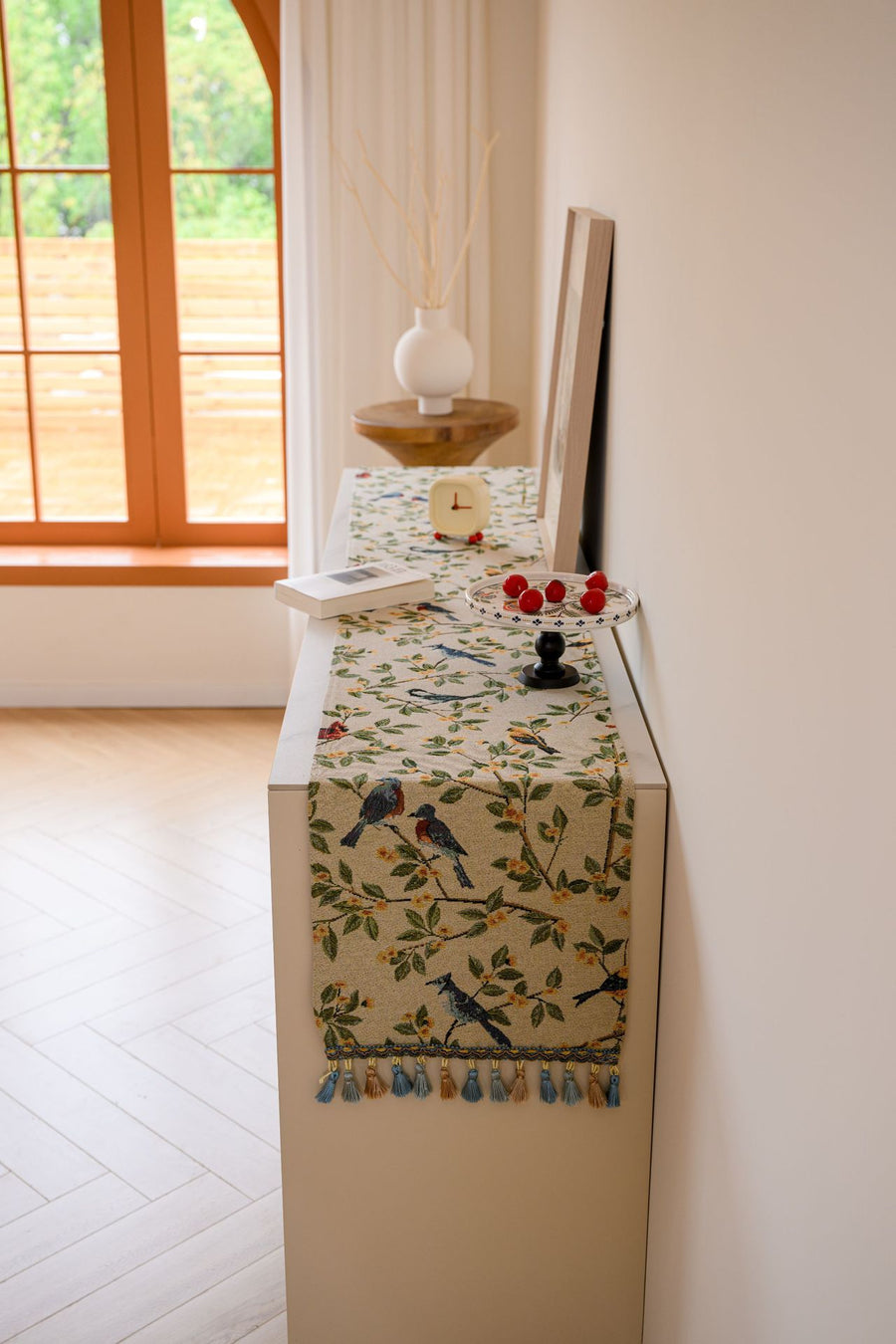 Birds & Branch Table Runner - Jacquard Woven Beige with Tassels(33X275CM)
