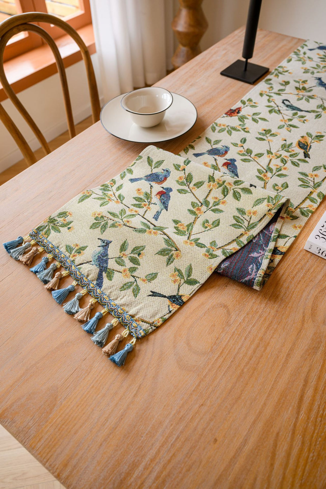 Birds & Branch Table Runner - Jacquard Woven Beige with Tassels(33X300CM)