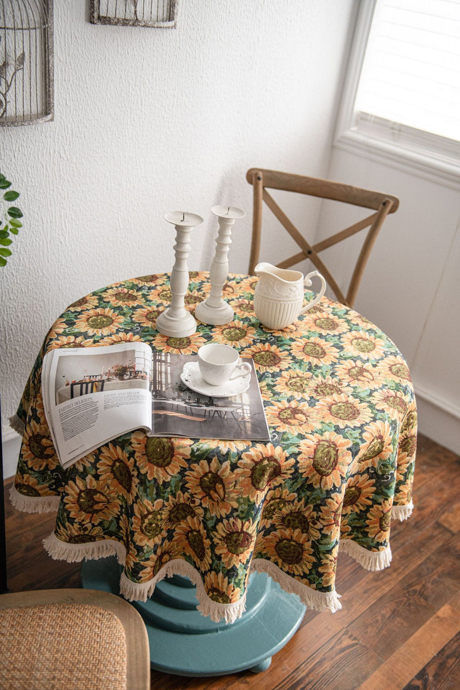 Round Sunflower Tablecloth - Jacquard Woven Cotton with Fringe Trim (120cm)
